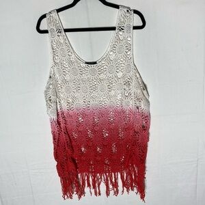 5/$25 Vintage Y2K Deb White Pink Ombre Open Loose Knit Tank Top W Fringe L